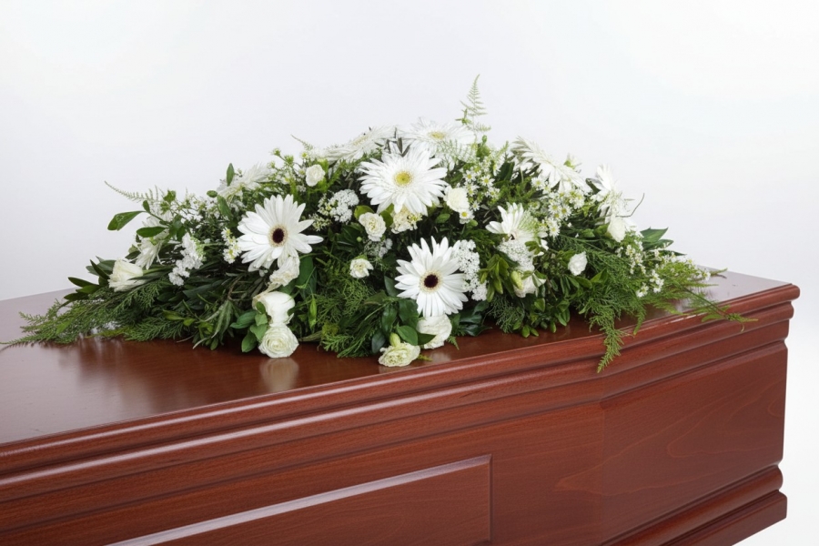White Casket spray in white Gerberas