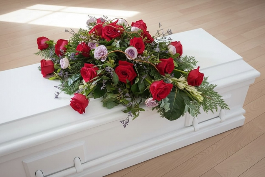 Red roses casket spray
